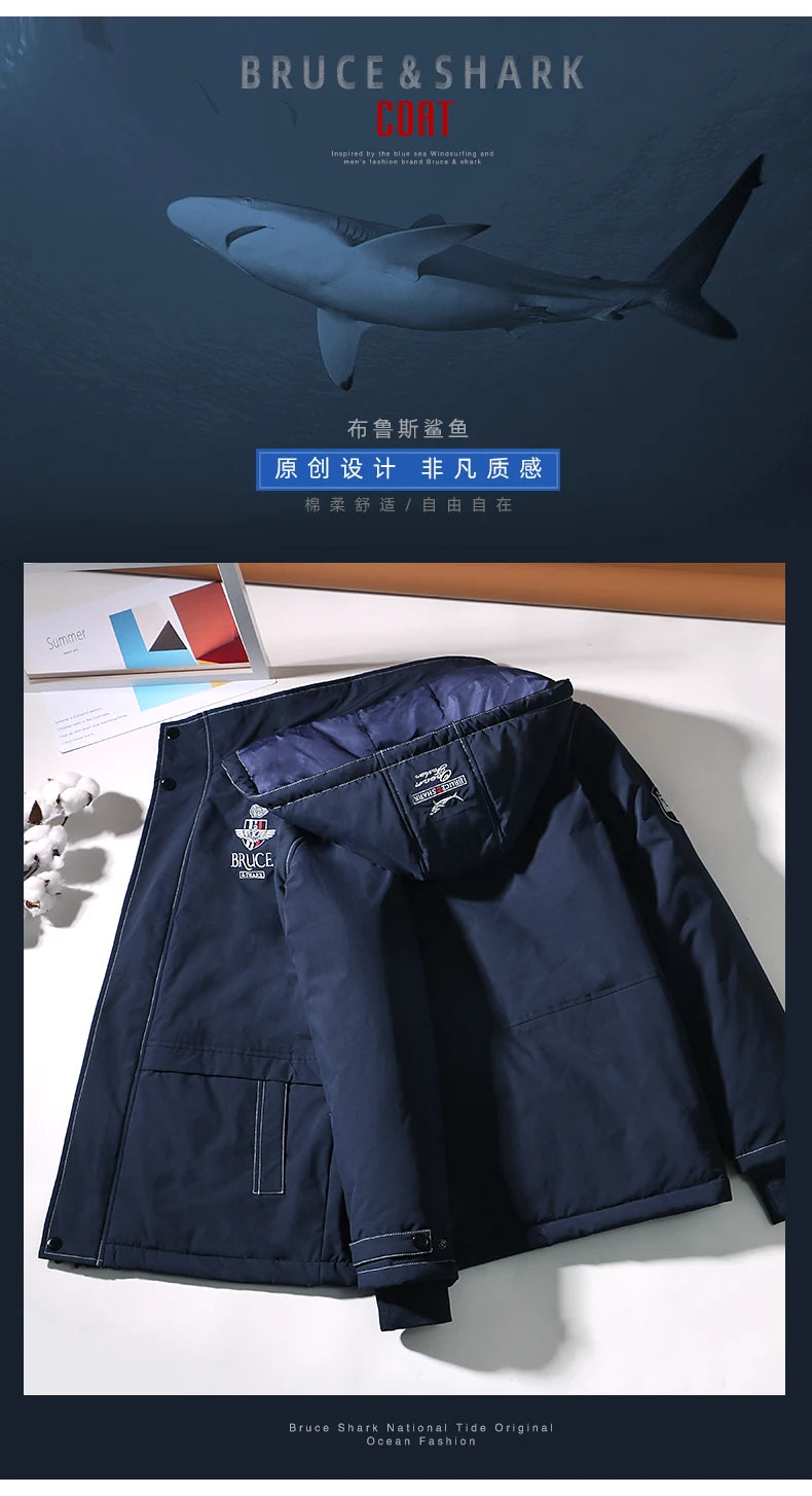 New Men's Jacket Inner Thickened Cotton Winter Clothes Bruce&Shark Warm Fashion Casual Men Coats Cotton Outerwear Big Size 4XL