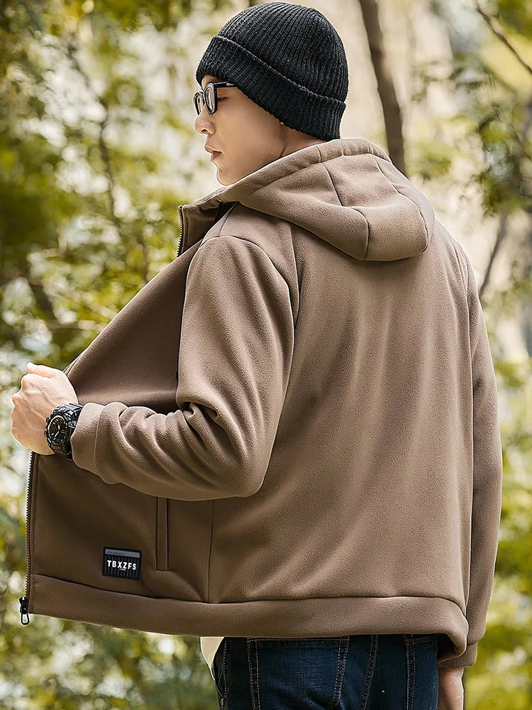 Men's Winter Fleece Jacket with Zip Pockets Classic Style Windproof Thickened Warm Hoody Coat Plus Size 6XL 7XL 8XL