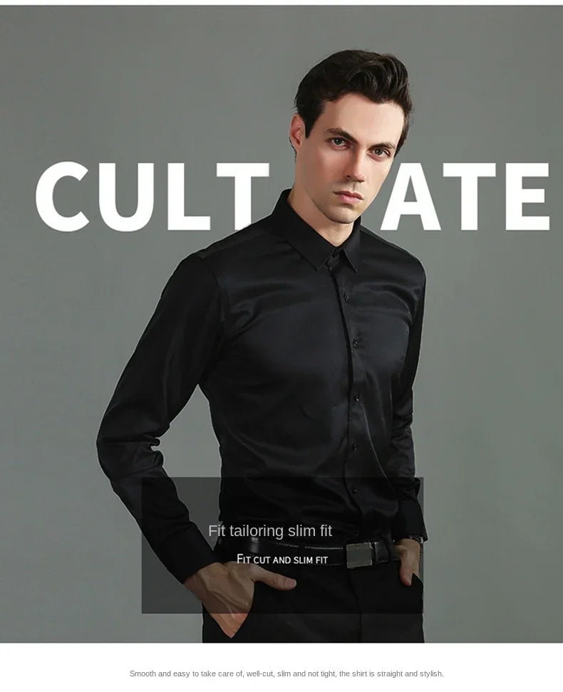 Non-iron, four-way stretch men's long sleeve shirt, silky foreign trade, cross-border amazon, euro men's tops, shirts