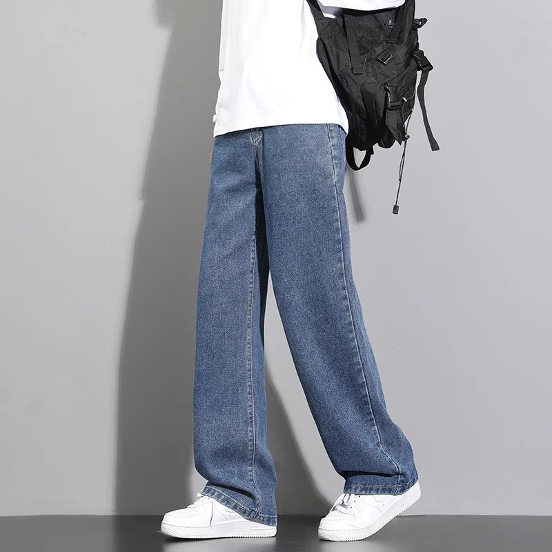 2025 New Korean Men Casual Long Straight Jeans Wide Leg Denim Pants Solid Color Light Blue Grey Black