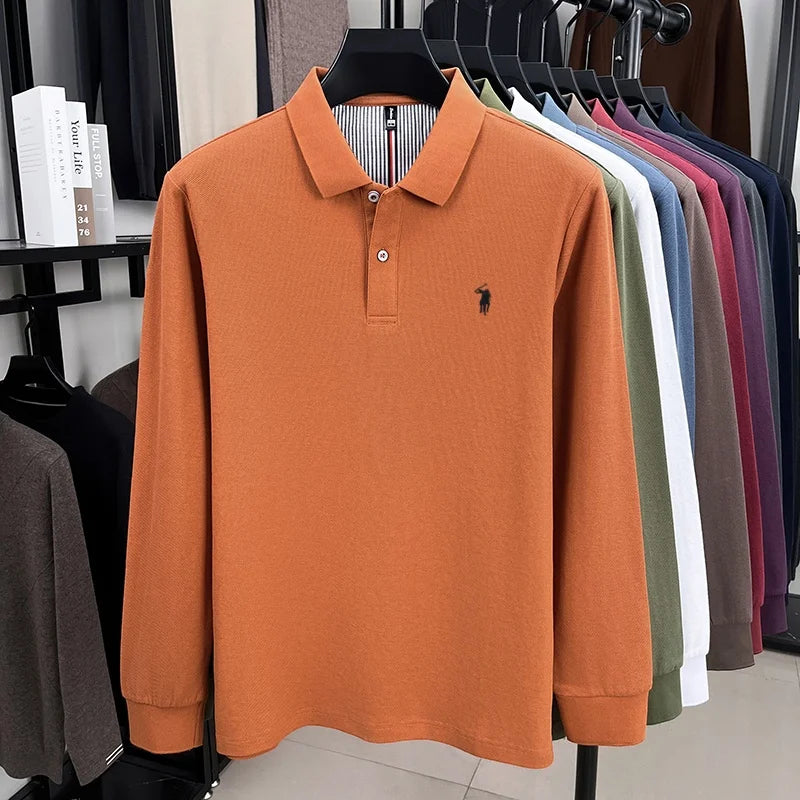 100% pure cotton high-end brand men's long sleeved polo shirt autumn fashion new luxurious pony Paul embroidery top golf T-shirt