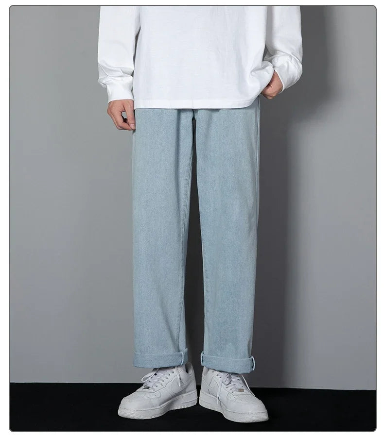 2025 New Korean Men Casual Long Straight Jeans Wide Leg Denim Pants Solid Color Light Blue Grey Black