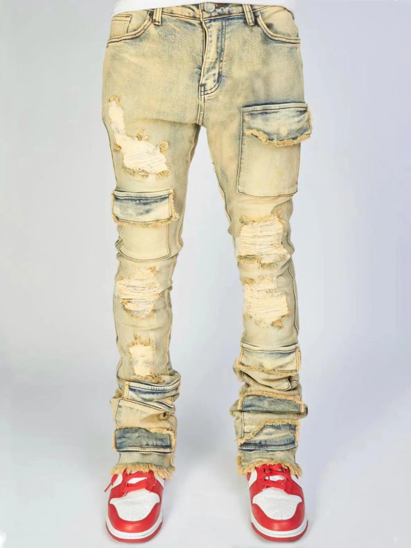 Men's Denim Pants Fashion High Street Jeans Zipper Fly American Straight Full Length Slight Strech Ripped Hole Stonewashed Jeans