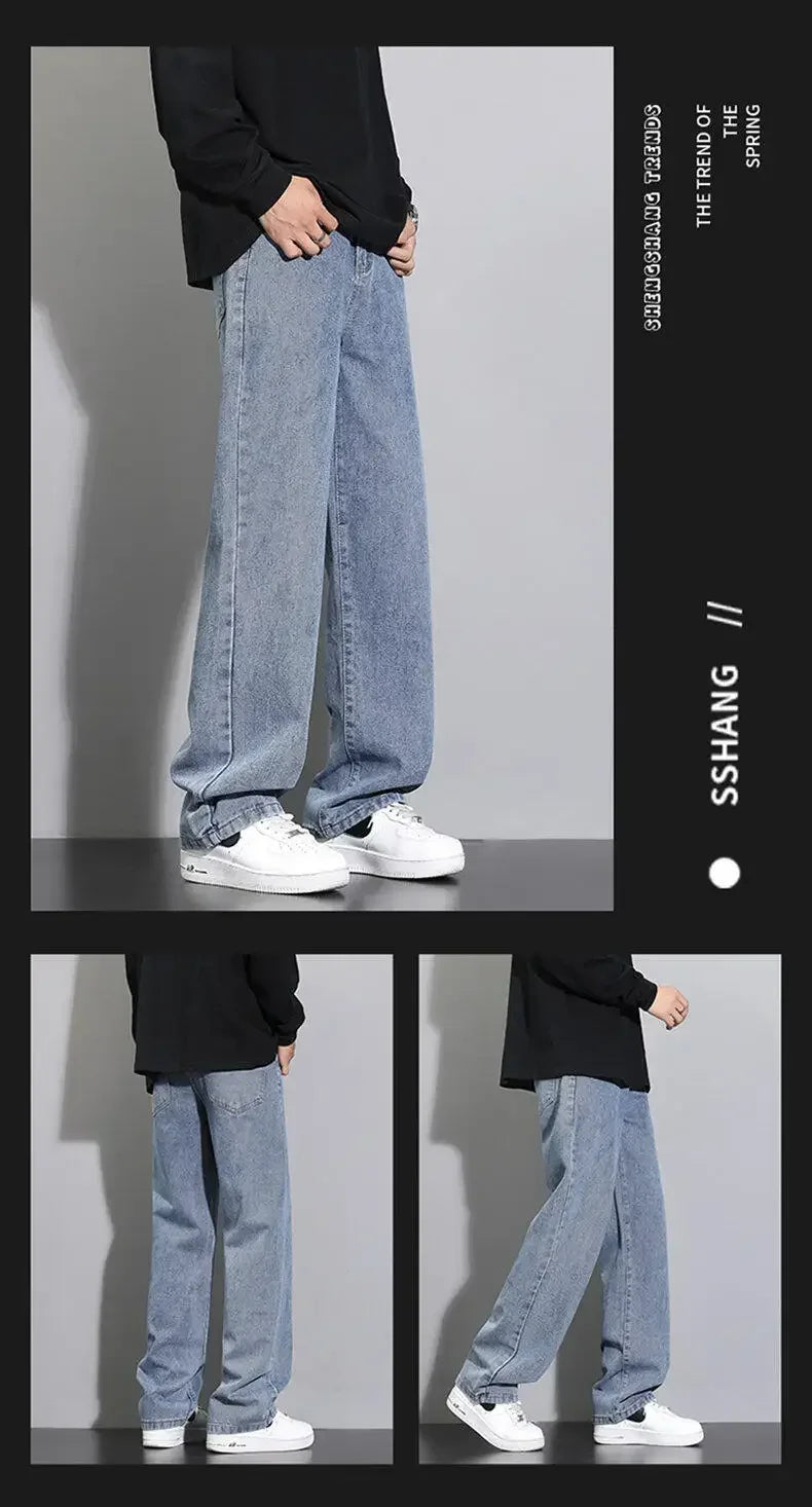 2025 New Korean Men Casual Long Straight Jeans Wide Leg Denim Pants Solid Color Light Blue Grey Black