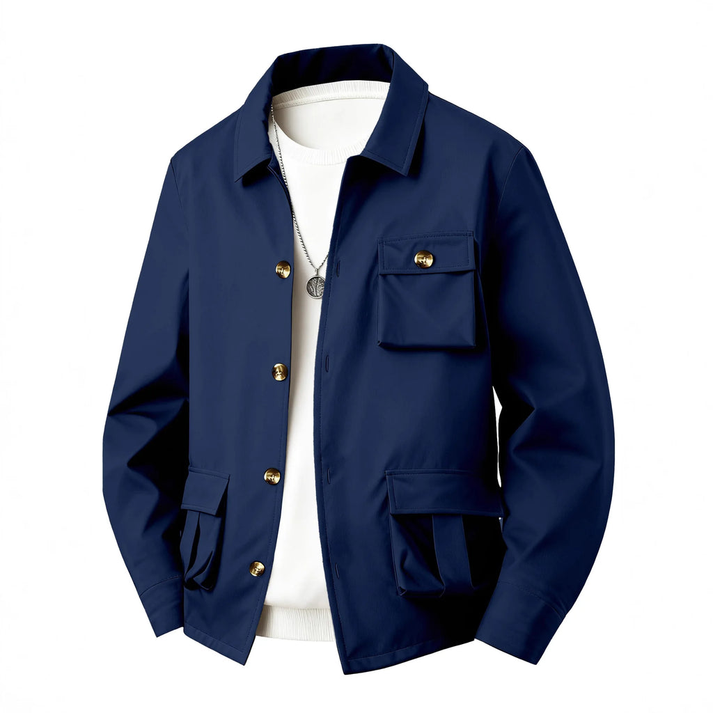Spring Autumn Men's Solid Color Multi-Pocket Utility Jacket - Simple Style Long Sleeve Casual Multi-Functional Waterproof Shirt