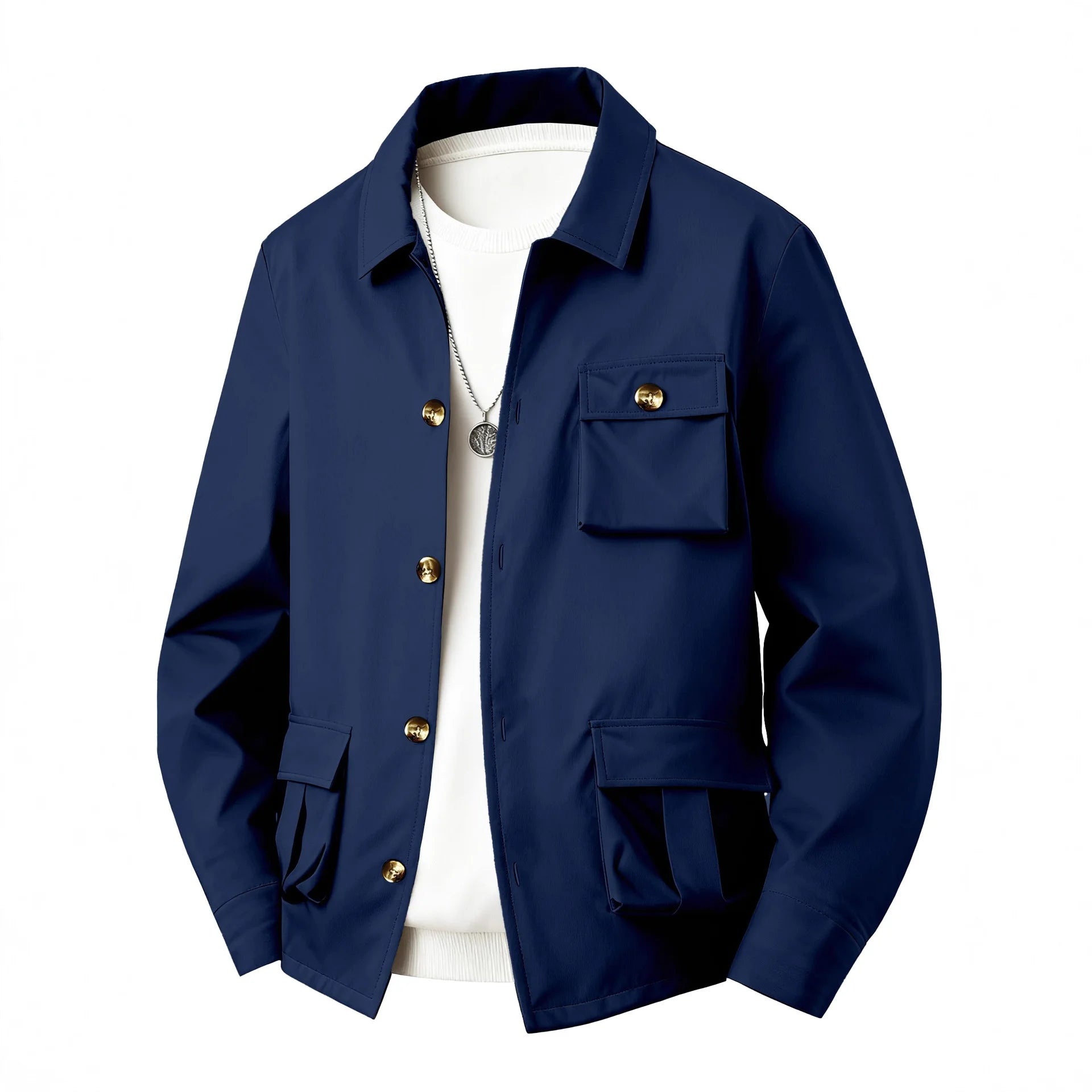 Spring Autumn Men's Solid Color Multi-Pocket Utility Jacket - Simple Style Long Sleeve Casual Multi-Functional Waterproof Shirt