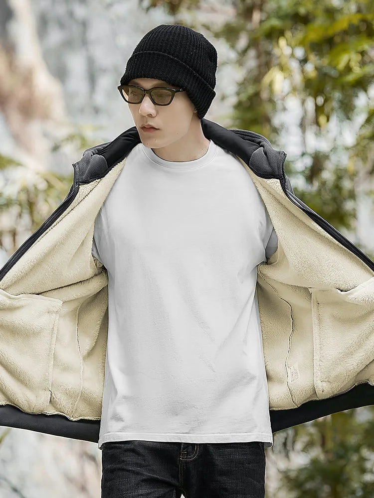 Men's Winter Fleece Jacket with Zip Pockets Classic Style Windproof Thickened Warm Hoody Coat Plus Size 6XL 7XL 8XL