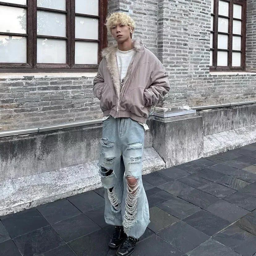 American Harajuku Warm Jacket Mens and Womens Retro Simple Plush Jacket with New Loose Leather Motorcycle Punk Fur Collar Jacket