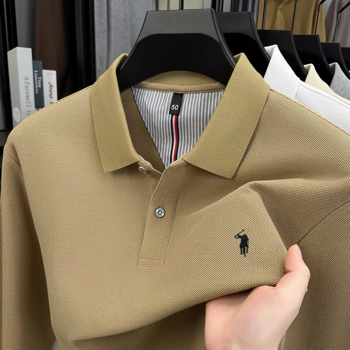 100% pure cotton high-end brand men's long sleeved polo shirt autumn fashion new luxurious pony Paul embroidery top golf T-shirt