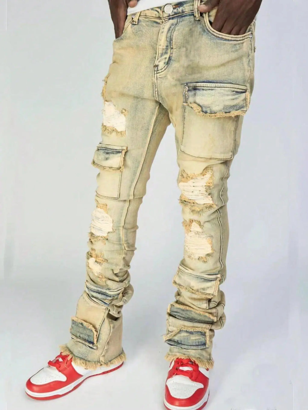 Men's Denim Pants Fashion High Street Jeans Zipper Fly American Straight Full Length Slight Strech Ripped Hole Stonewashed Jeans