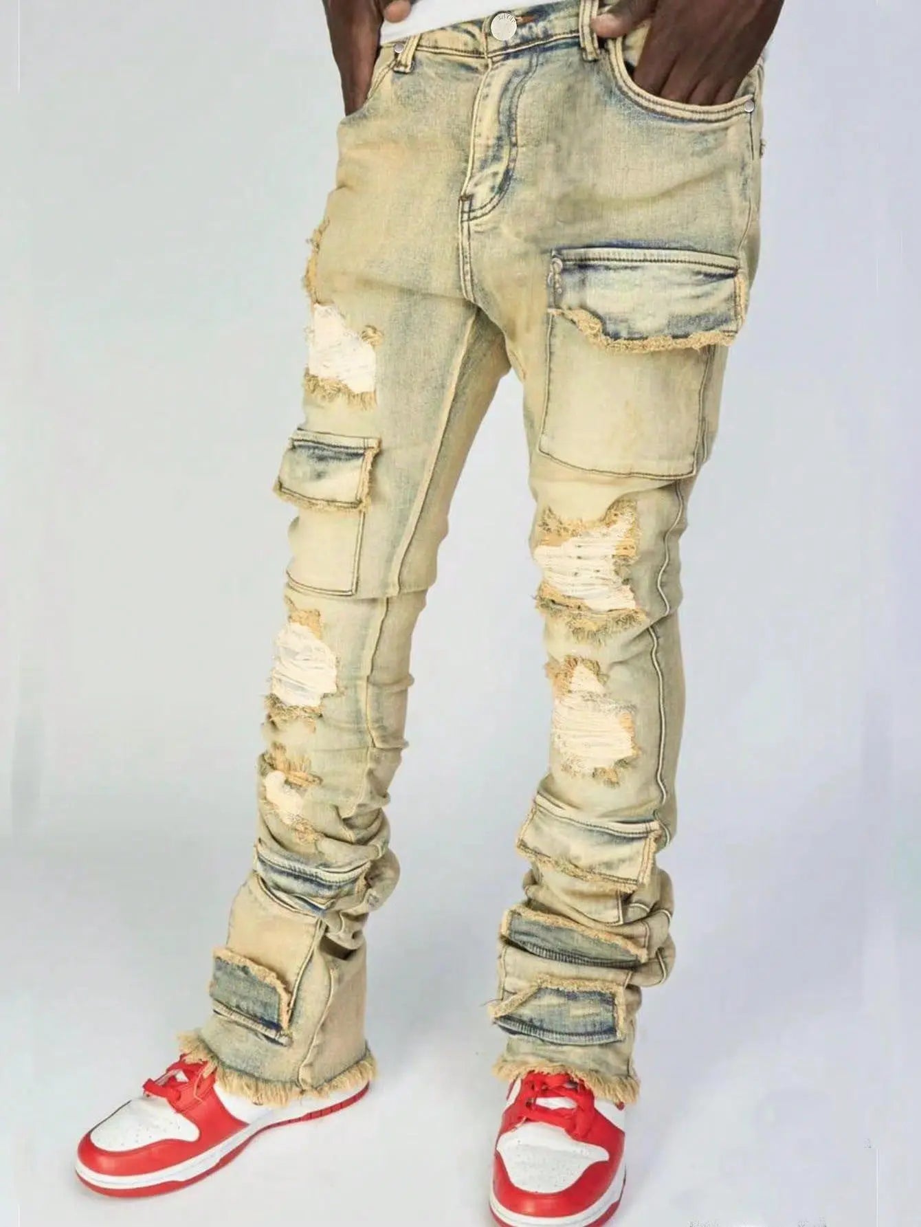 Men's Denim Pants Fashion High Street Jeans Zipper Fly American Straight Full Length Slight Strech Ripped Hole Stonewashed Jeans