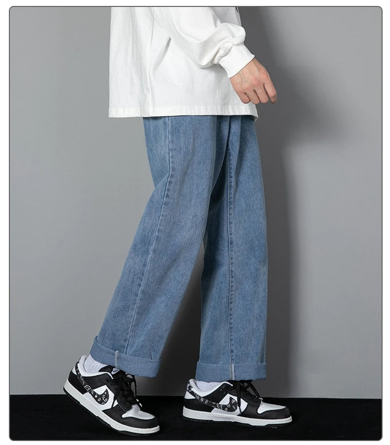 2025 New Korean Men Casual Long Straight Jeans Wide Leg Denim Pants Solid Color Light Blue Grey Black
