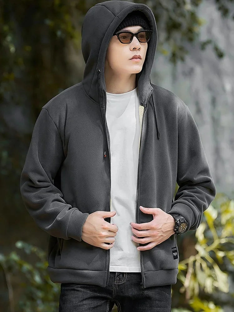 Men's Winter Fleece Jacket with Zip Pockets Classic Style Windproof Thickened Warm Hoody Coat Plus Size 6XL 7XL 8XL