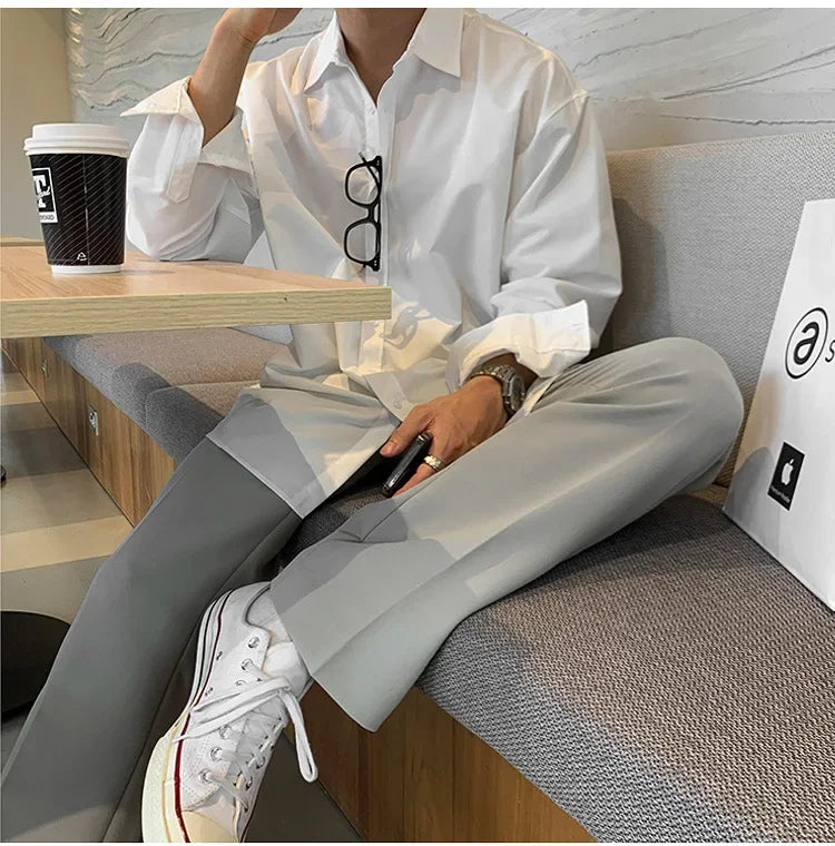 100% Polyester Loose Style Men Shirt Long Sleeve High-end Gray Light-ready Western Suit Innerwear Oversize Trendy