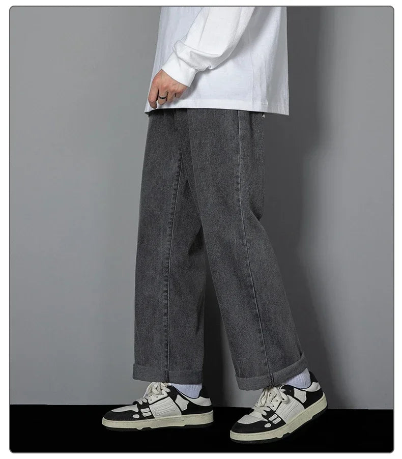 2025 New Korean Men Casual Long Straight Jeans Wide Leg Denim Pants Solid Color Light Blue Grey Black