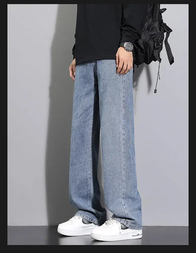 2025 New Korean Men Casual Long Straight Jeans Wide Leg Denim Pants Solid Color Light Blue Grey Black
