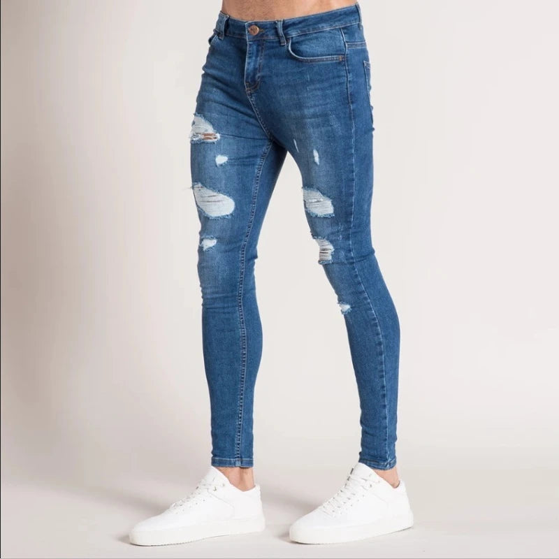 Men's Jeans Ripped Full Length Denim Pants Casual Strech Four Seasons Skinny Pencil Pants Slim America Washed Distressed Jeans