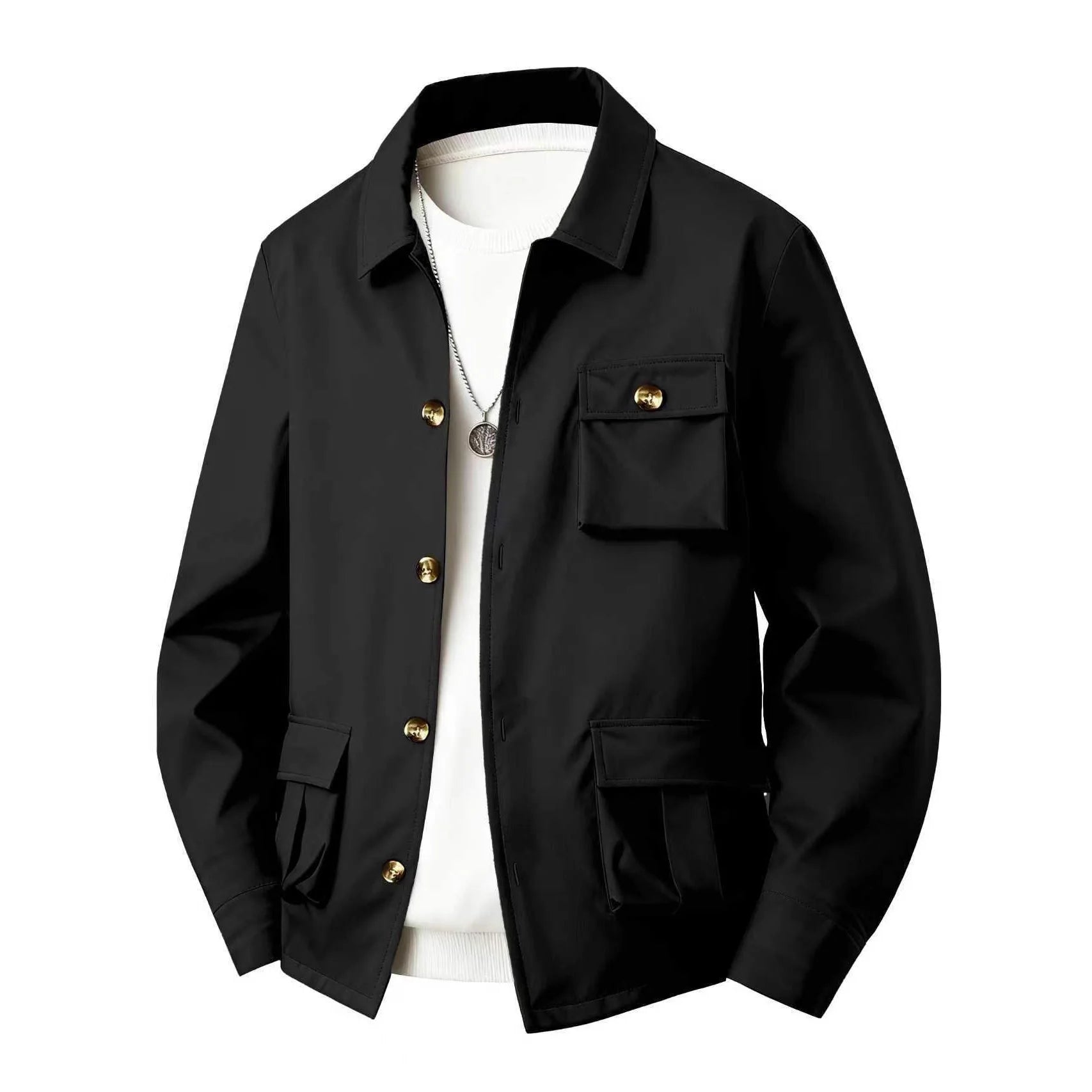 Spring Autumn Men's Solid Color Multi-Pocket Utility Jacket - Simple Style Long Sleeve Casual Multi-Functional Waterproof Shirt