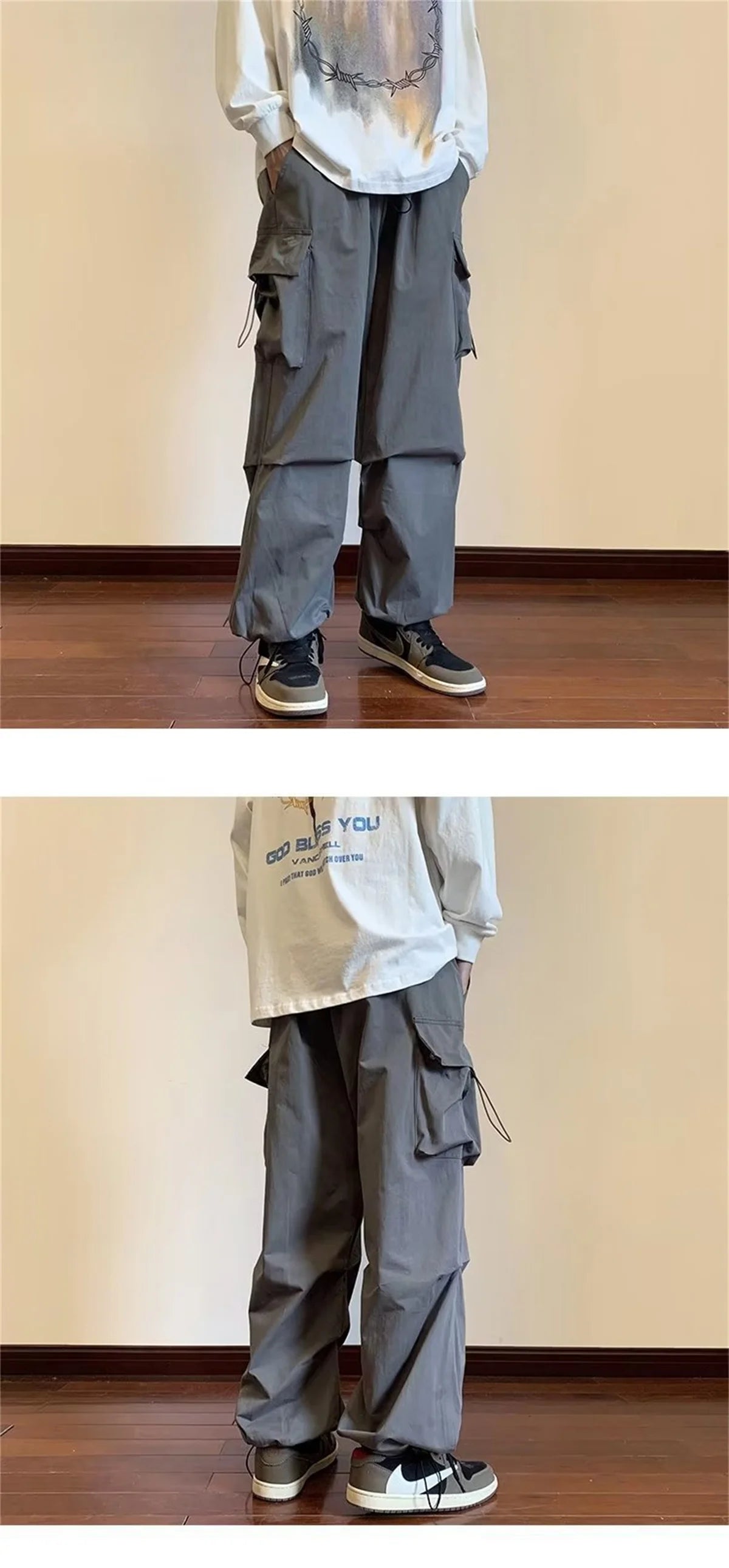 Streetwear 2024 Spring Harem Casual Pants Men Elastic Waist Solid Color Cargo Pants Multi Pocket Loose Baggy Pants For Women