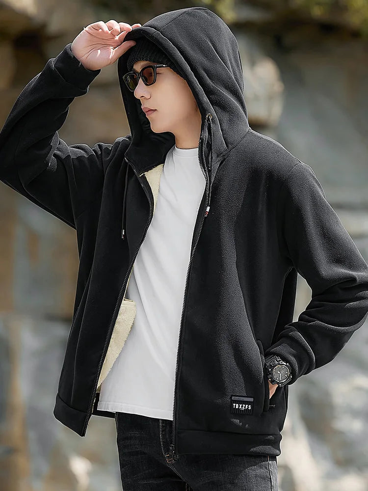 Men's Winter Fleece Jacket with Zip Pockets Classic Style Windproof Thickened Warm Hoody Coat Plus Size 6XL 7XL 8XL