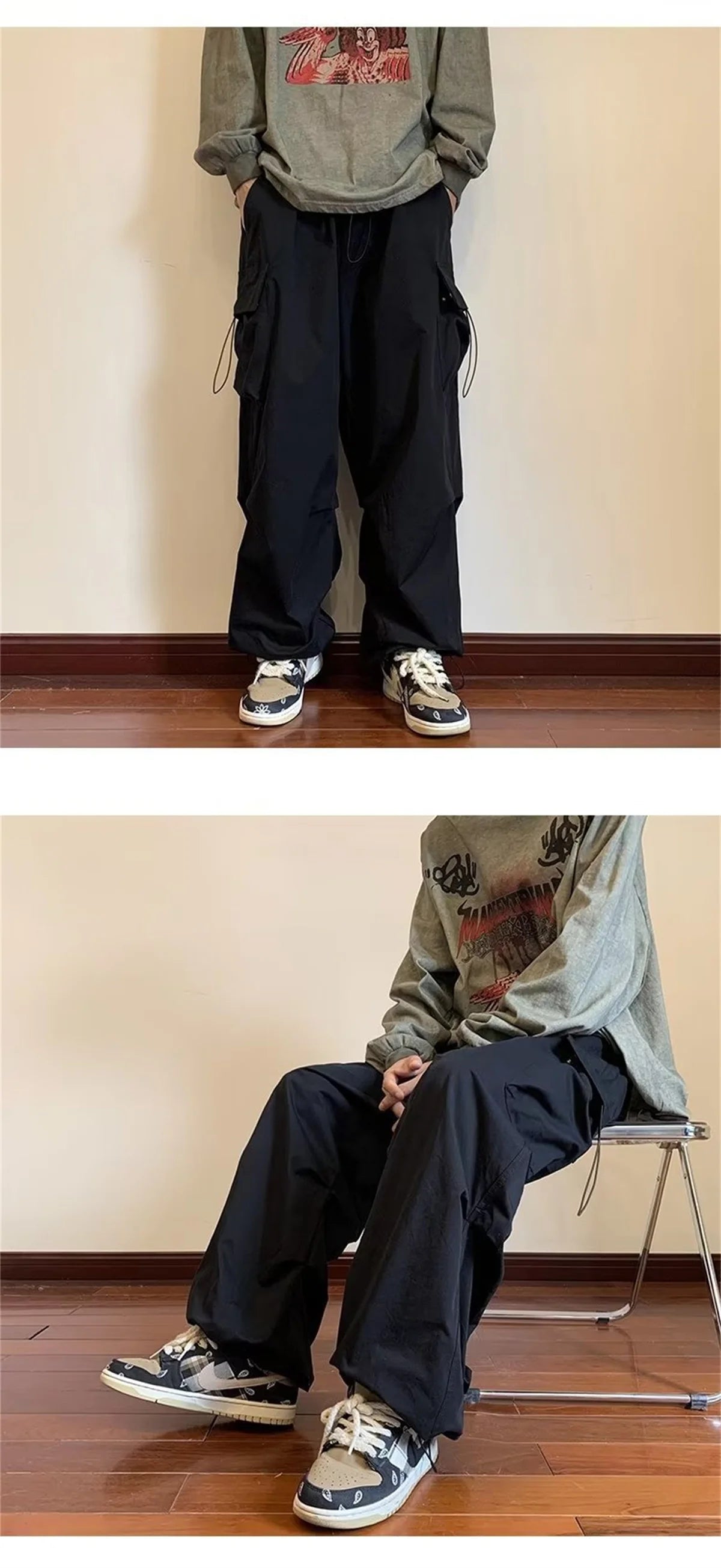 Streetwear 2024 Spring Harem Casual Pants Men Elastic Waist Solid Color Cargo Pants Multi Pocket Loose Baggy Pants For Women