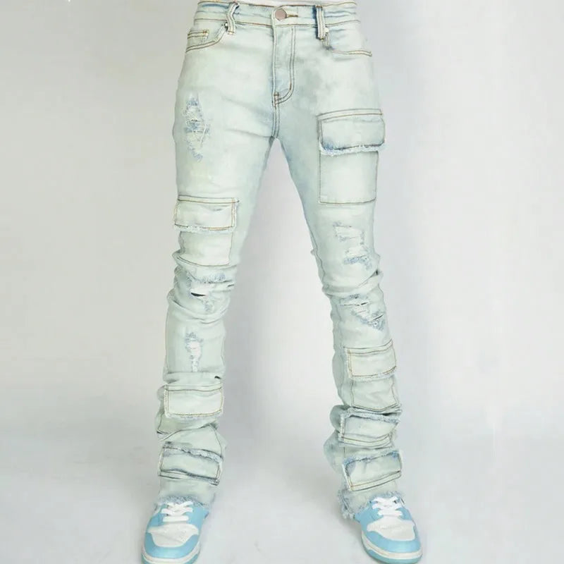Men's Denim Pants Fashion High Street Jeans Zipper Fly American Straight Full Length Slight Strech Ripped Hole Stonewashed Jeans