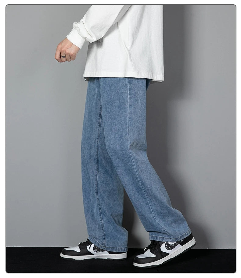 2025 New Korean Men Casual Long Straight Jeans Wide Leg Denim Pants Solid Color Light Blue Grey Black