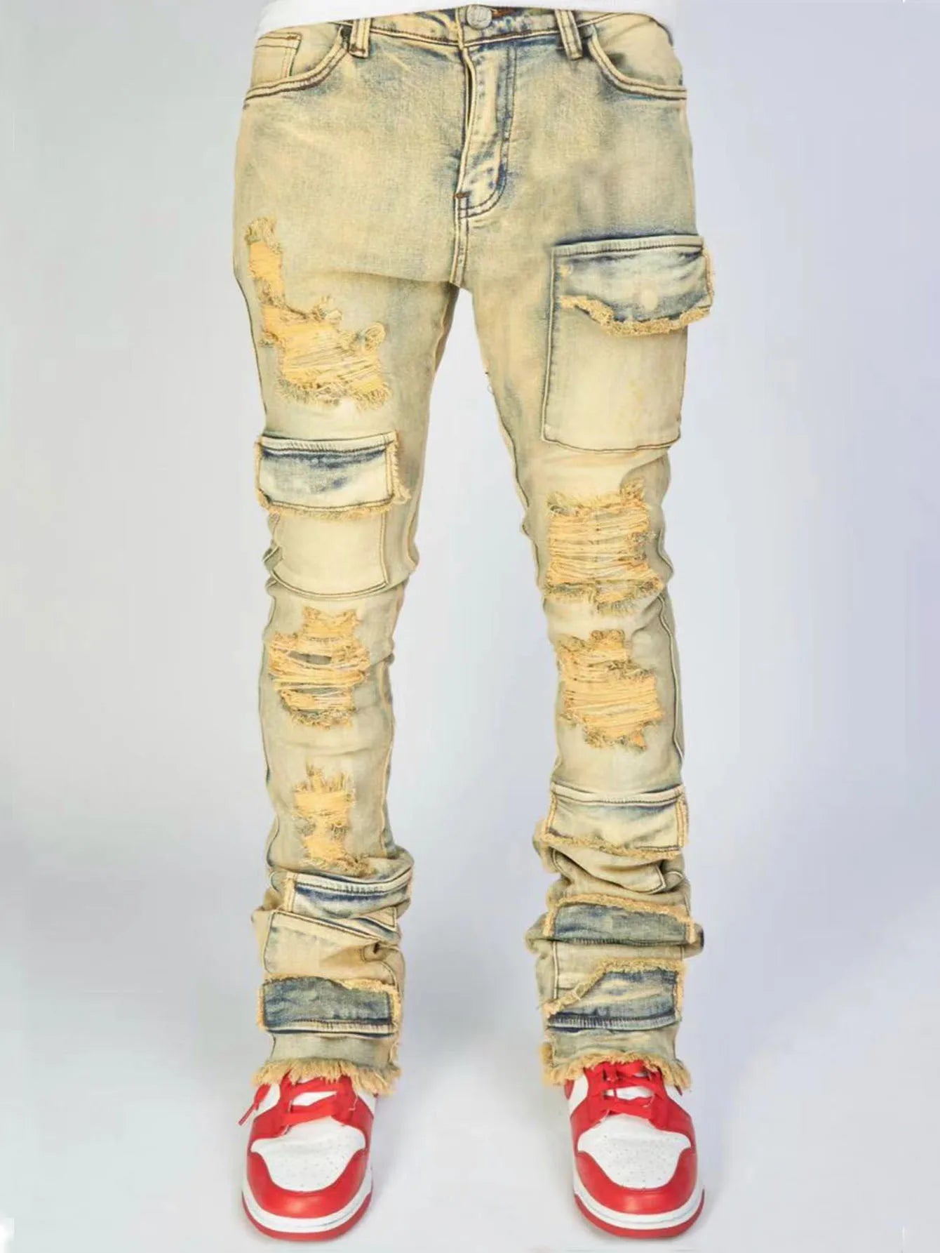 Men's Denim Pants Fashion High Street Jeans Zipper Fly American Straight Full Length Slight Strech Ripped Hole Stonewashed Jeans