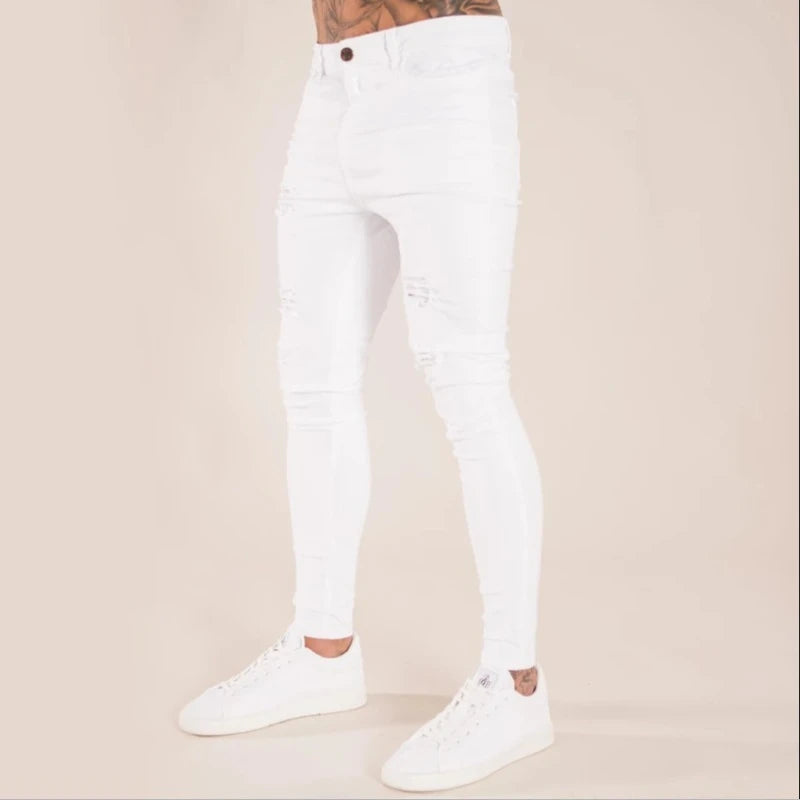 Men's Jeans Ripped Full Length Denim Pants Casual Strech Four Seasons Skinny Pencil Pants Slim America Washed Distressed Jeans