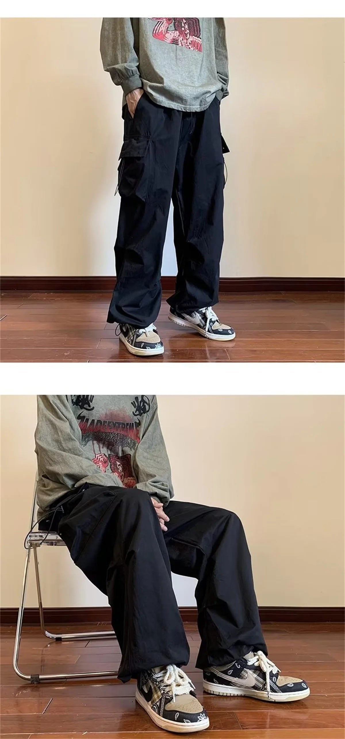 Streetwear 2024 Spring Harem Casual Pants Men Elastic Waist Solid Color Cargo Pants Multi Pocket Loose Baggy Pants For Women