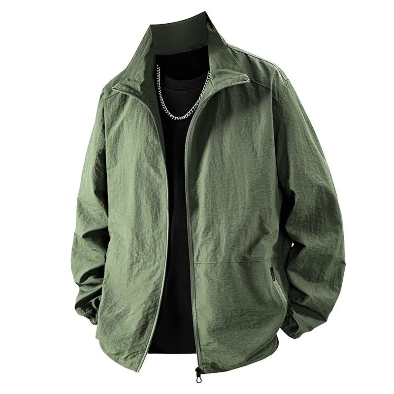 Men's Jacket Full Zip Up Work Jackets Stand Collar Casual Windbreaker Lightweight Long Sleeve Coats Outdoor Zip Up Streetwear