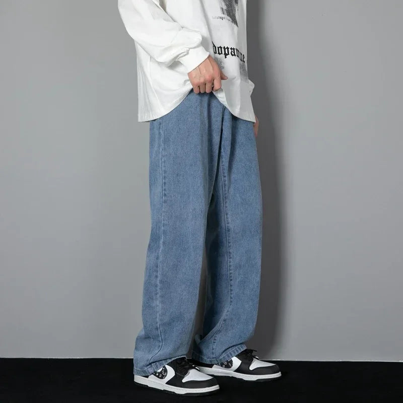 2025 New Korean Men Casual Long Straight Jeans Wide Leg Denim Pants Solid Color Light Blue Grey Black