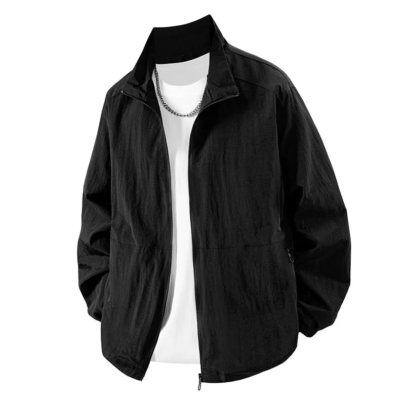 Men's Jacket Full Zip Up Work Jackets Stand Collar Casual Windbreaker Lightweight Long Sleeve Coats Outdoor Zip Up Streetwear