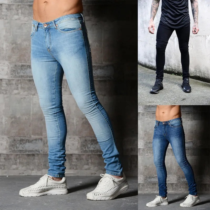 Casual Men's Jeans Pencil Pants Streetwear Skinny Denim Full Length Slim Trousers Slight Strech Europe America Distressed Jeans
