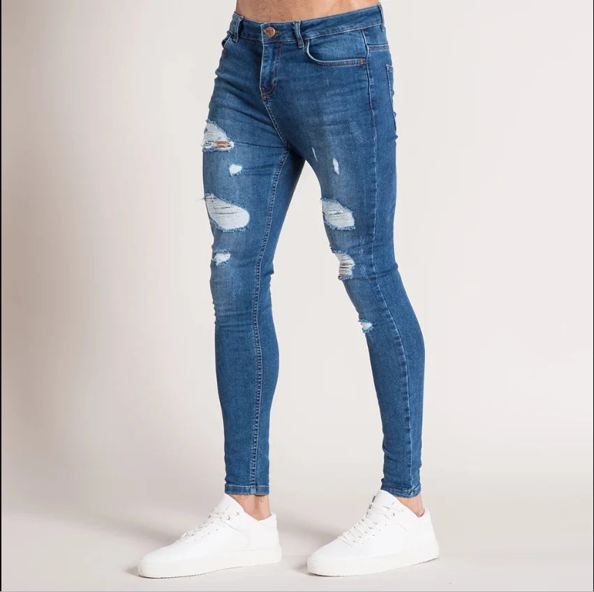 Men's Jeans Ripped Full Length Denim Pants Casual Strech Four Seasons Skinny Pencil Pants Slim America Washed Distressed Jeans