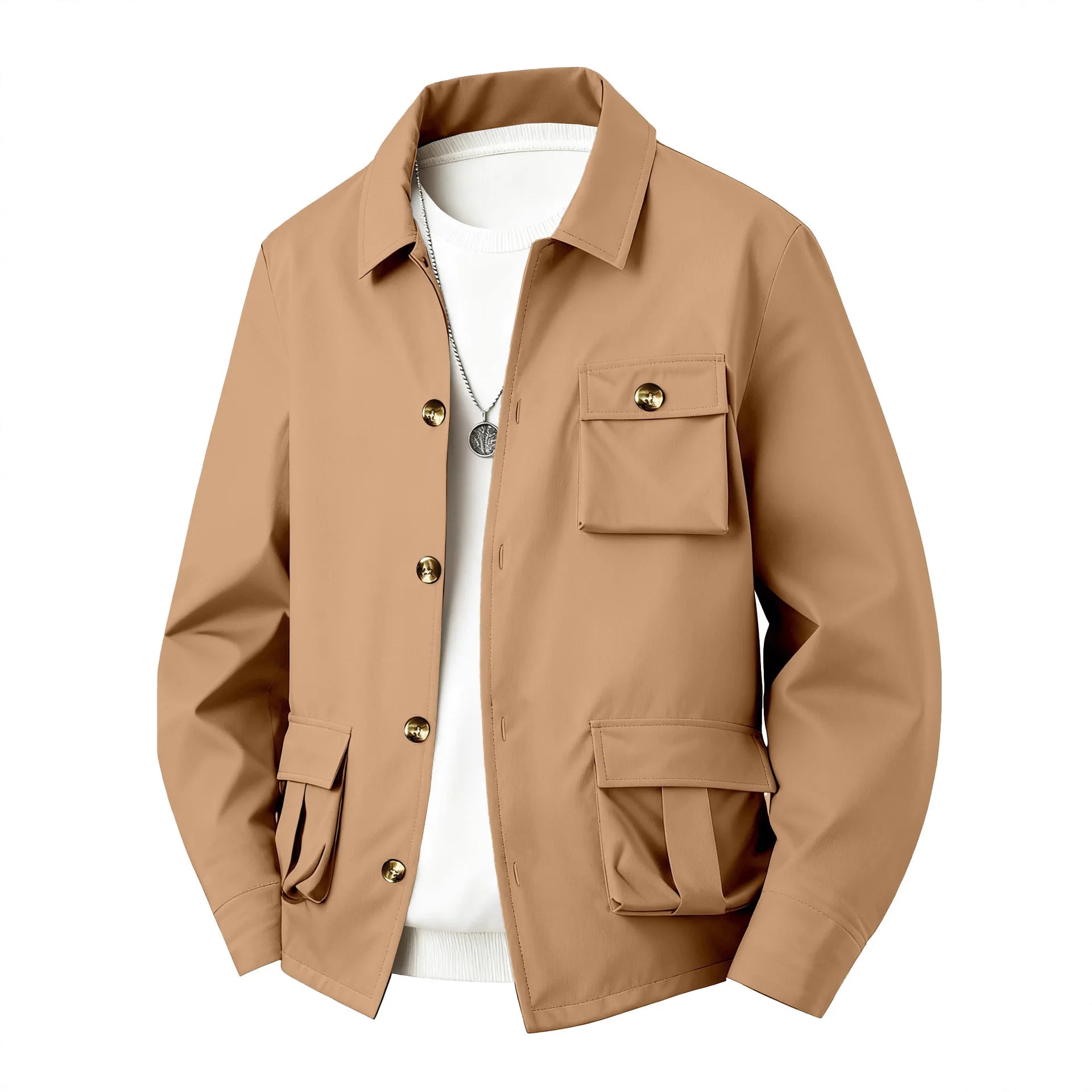 Spring Autumn Men's Solid Color Multi-Pocket Utility Jacket - Simple Style Long Sleeve Casual Multi-Functional Waterproof Shirt