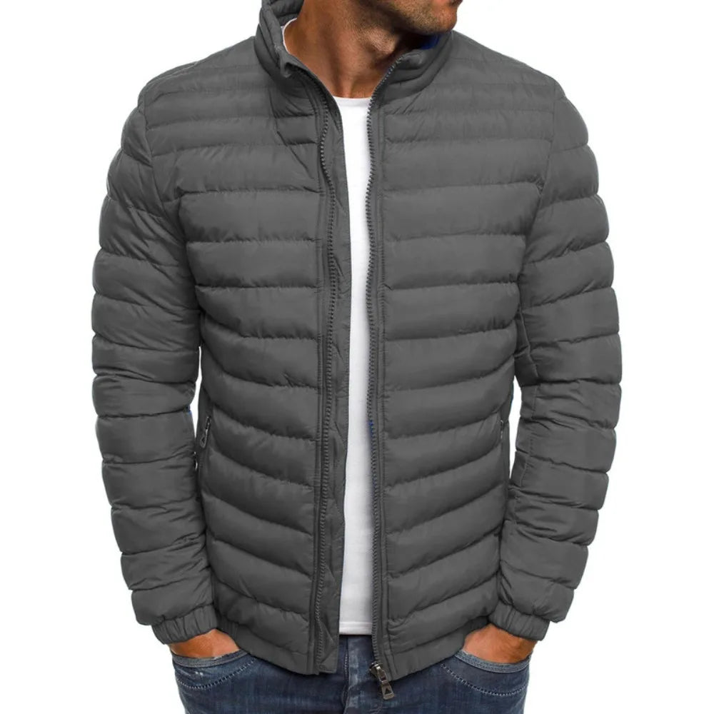 2025 new thick men's warm casual men's jacket solid color stand collar men's winter multi color windproof cotton down jacket