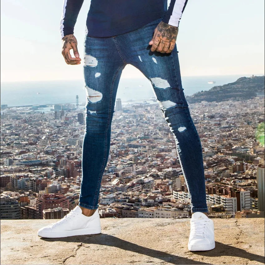 Men's Jeans Ripped Full Length Denim Pants Casual Strech Four Seasons Skinny Pencil Pants Slim America Washed Distressed Jeans