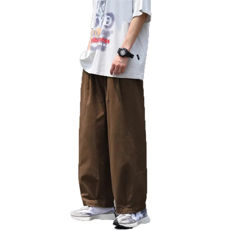 Loose Straight Leg Coffee Color Men's Casual Pants Pure Color Wide Leg Versatile Workwear Trousers Autumn Season Faionable