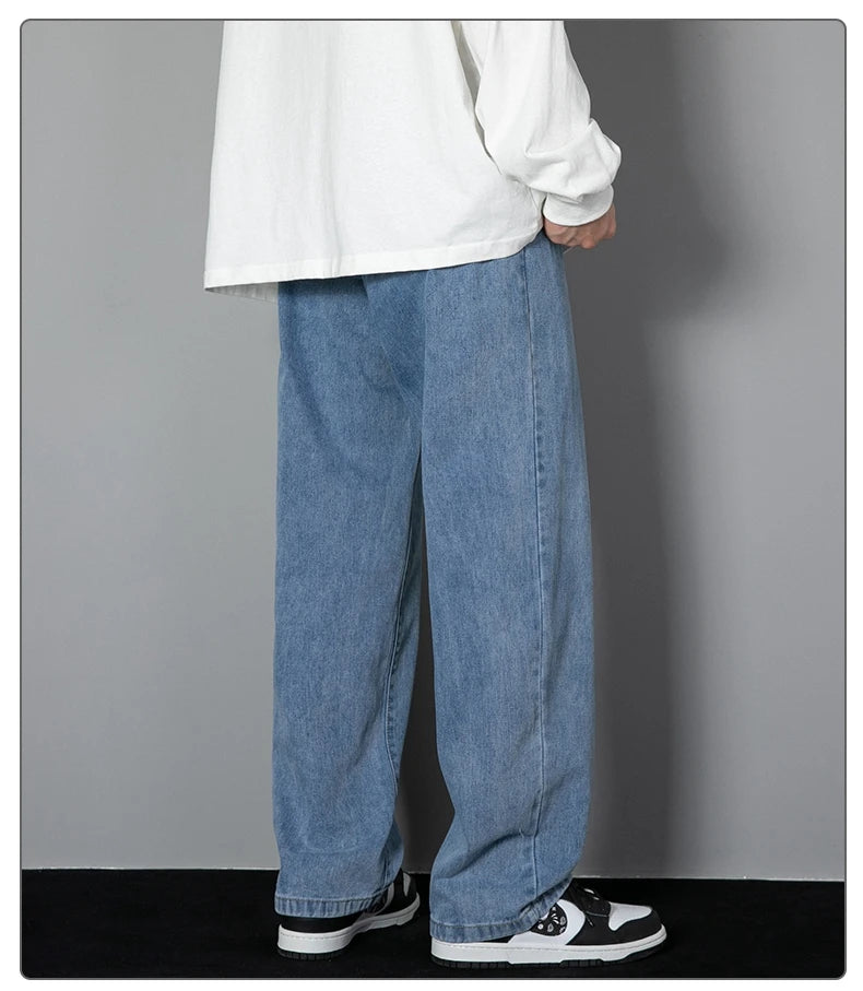 2025 New Korean Men Casual Long Straight Jeans Wide Leg Denim Pants Solid Color Light Blue Grey Black