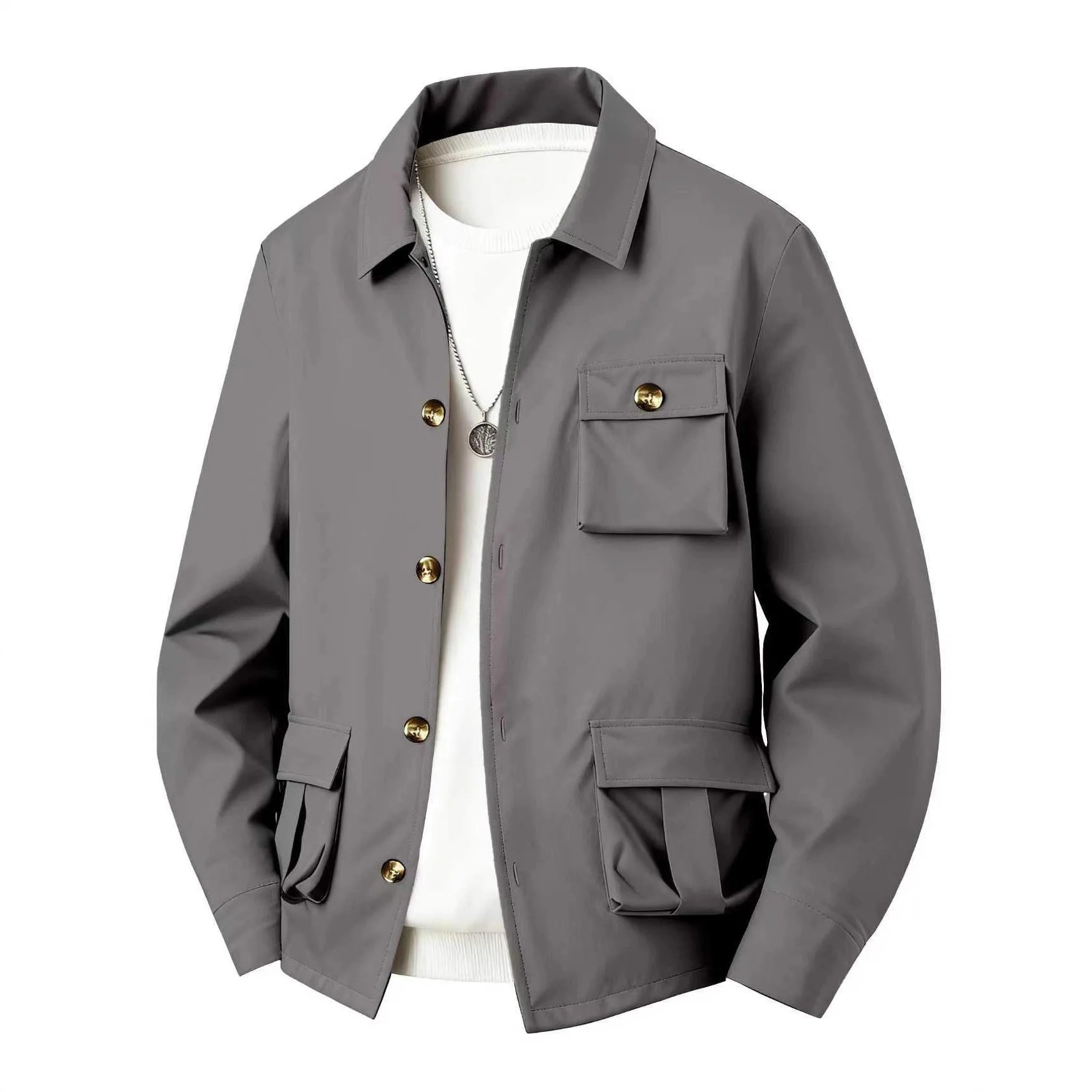 Spring Autumn Men's Solid Color Multi-Pocket Utility Jacket - Simple Style Long Sleeve Casual Multi-Functional Waterproof Shirt