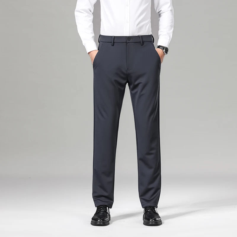 OUSSYU Brand Winter Men's Stretch Pants Business Work Formal Classic Solid Color Loose Straight Grey Trousers Men Plus Size 40