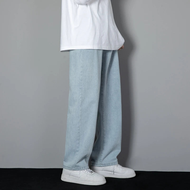 2025 New Korean Men Casual Long Straight Jeans Wide Leg Denim Pants Solid Color Light Blue Grey Black