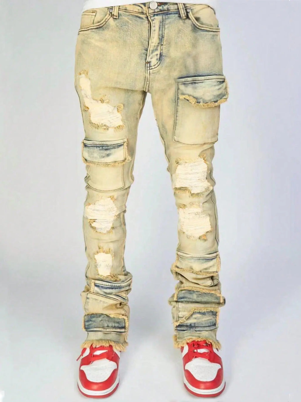 Men's Denim Pants Fashion High Street Jeans Zipper Fly American Straight Full Length Slight Strech Ripped Hole Stonewashed Jeans