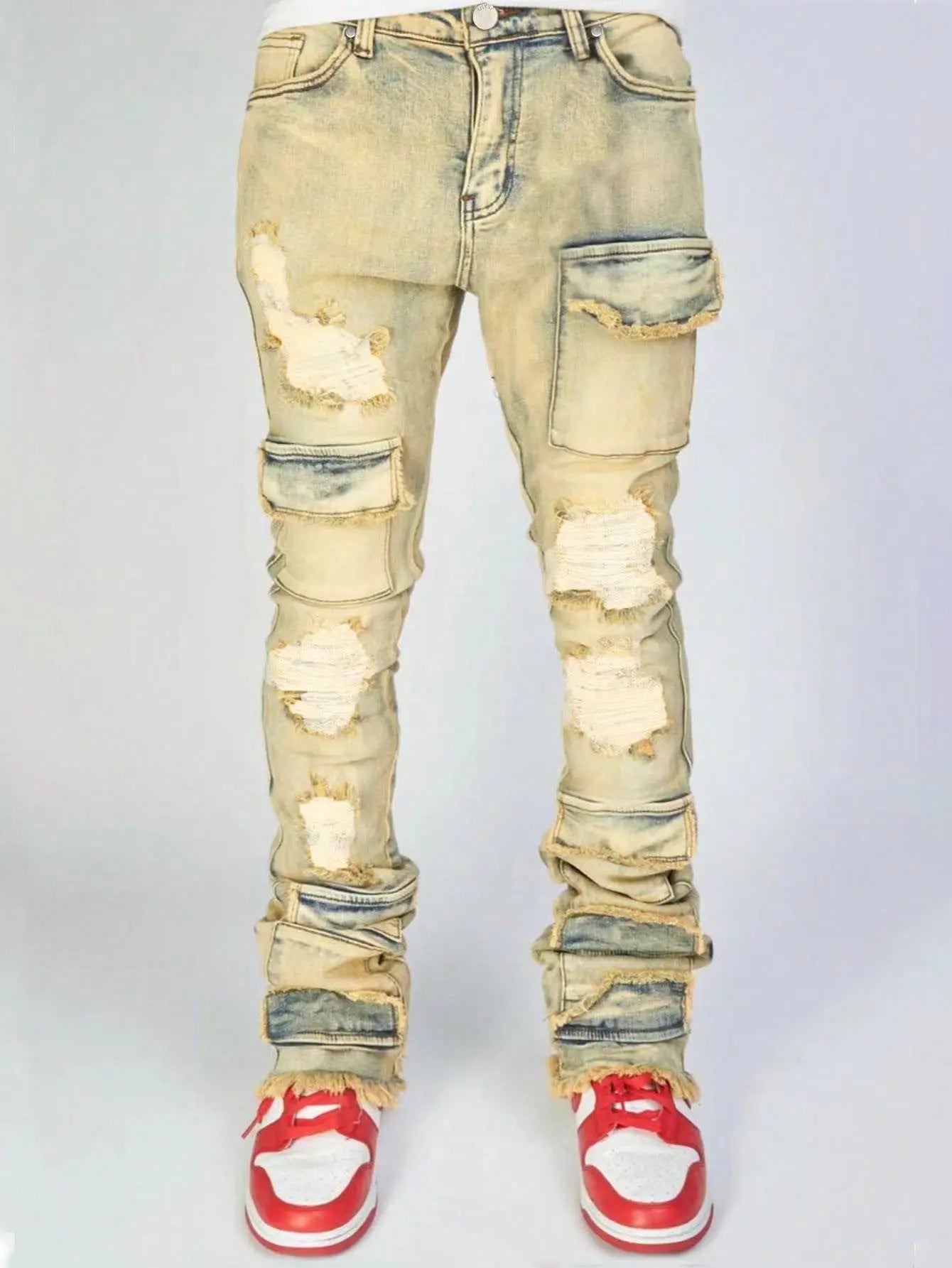 Men's Denim Pants Fashion High Street Jeans Zipper Fly American Straight Full Length Slight Strech Ripped Hole Stonewashed Jeans