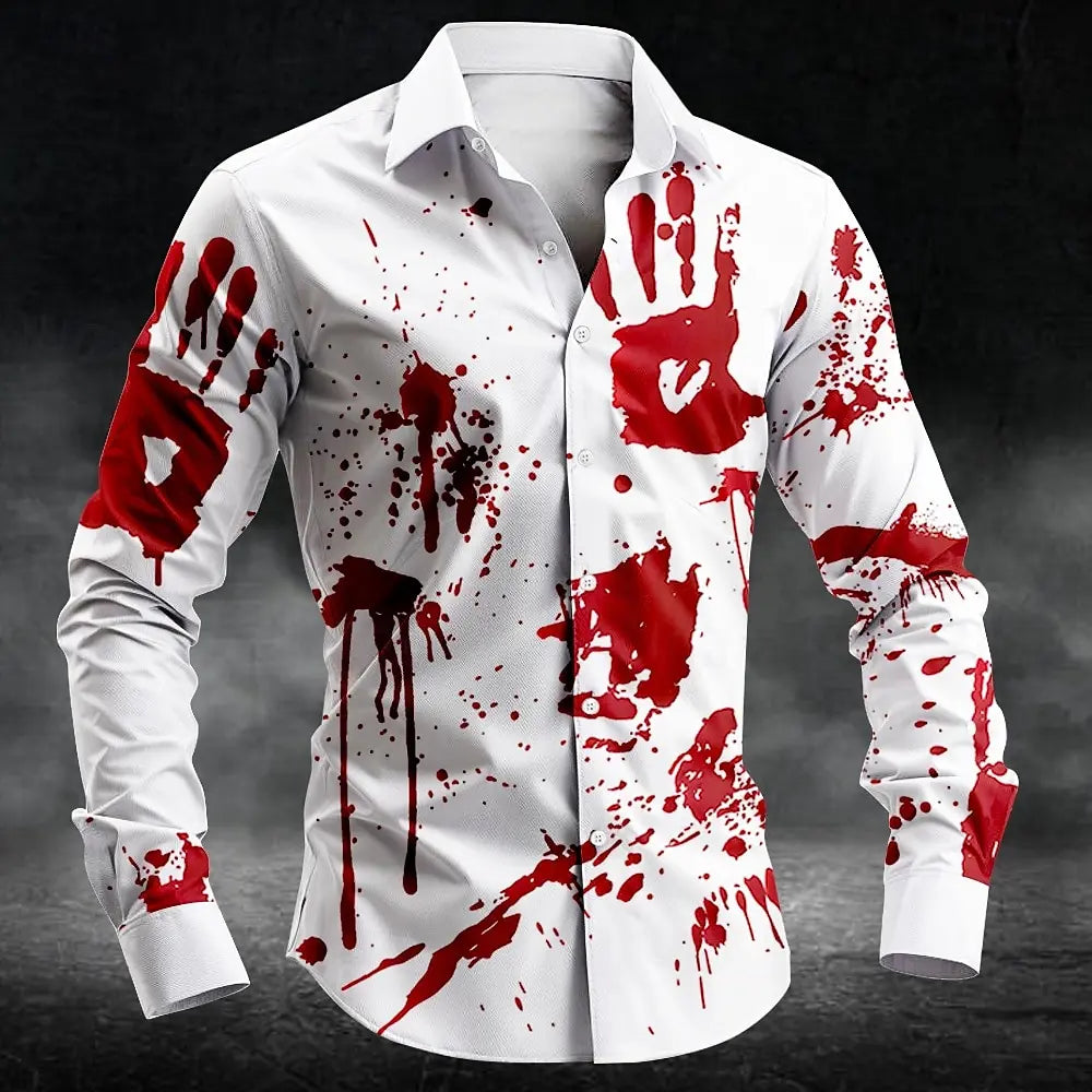 2025 Halloween Men's Letter Printed Blood Stains Shirt Button Up Shirt Long Sleeve Dark Punk Gothic Style Streetwear Men's Tops