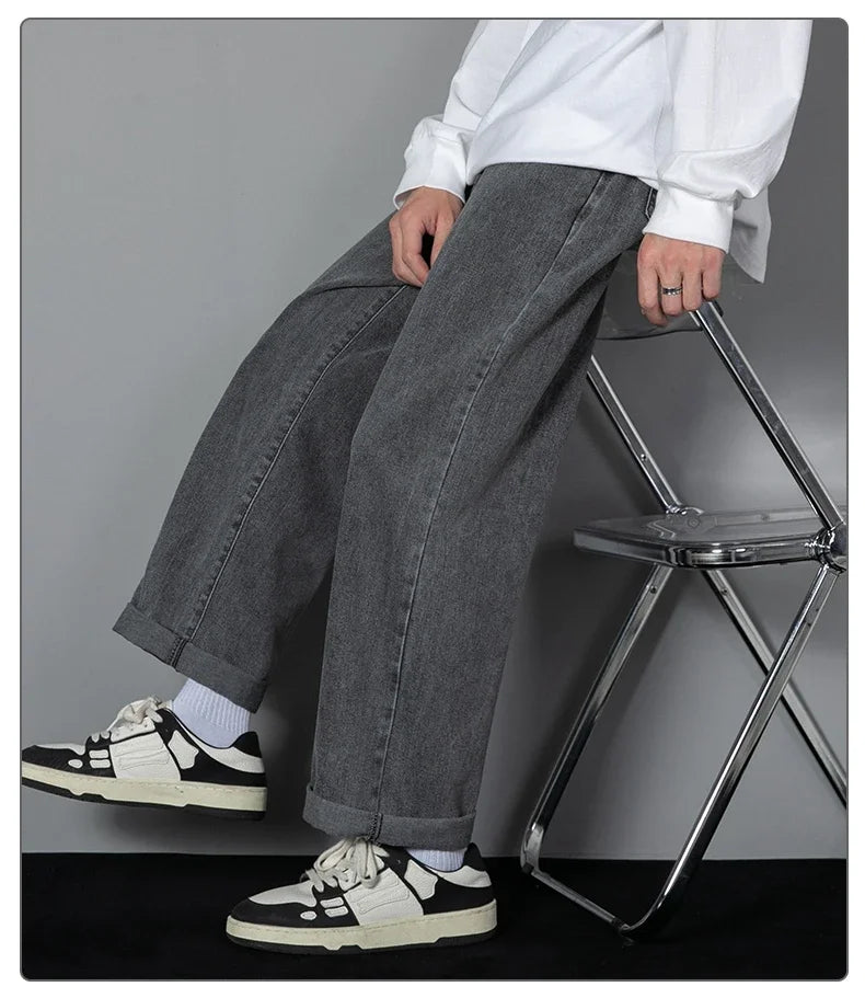 2025 New Korean Men Casual Long Straight Jeans Wide Leg Denim Pants Solid Color Light Blue Grey Black