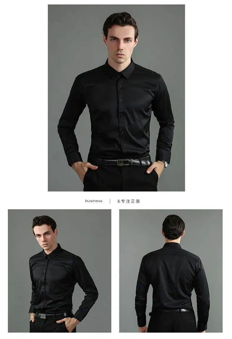 Non-iron, four-way stretch men's long sleeve shirt, silky foreign trade, cross-border amazon, euro men's tops, shirts