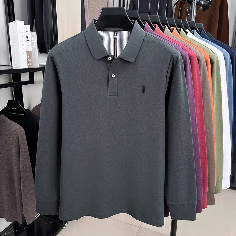 100% pure cotton high-end brand men's long sleeved polo shirt autumn fashion new luxurious pony Paul embroidery top golf T-shirt