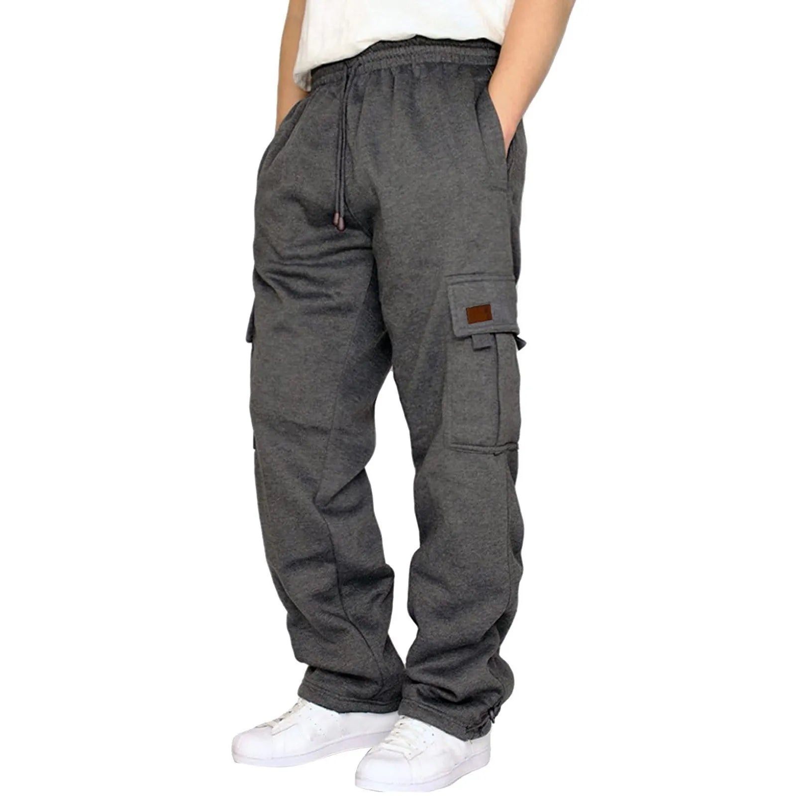 Cross-Border Trade Hot-Selling Men's Casual Fleece-Lined Jogger Pants with Multiple Pockets and Drawstring Loose Workwear Trouse